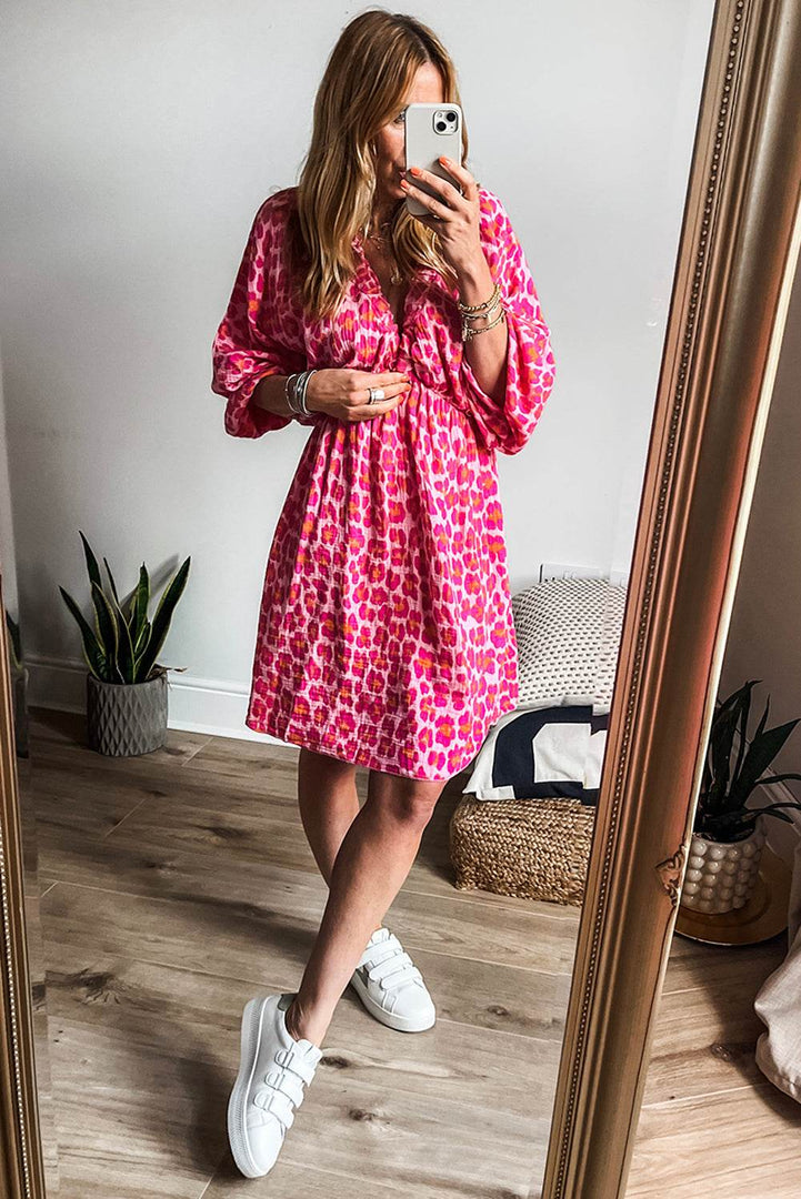 Pink Leopard Print Elasticated V Neck 3/4 Puff Sleeve Dress - Fashion Queen -  13