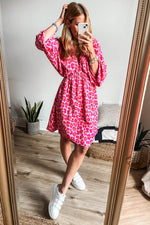 Load image into Gallery viewer, Pink Leopard Print Elasticated V Neck 3/4 Puff Sleeve Dress - Fashion Queen -  15

