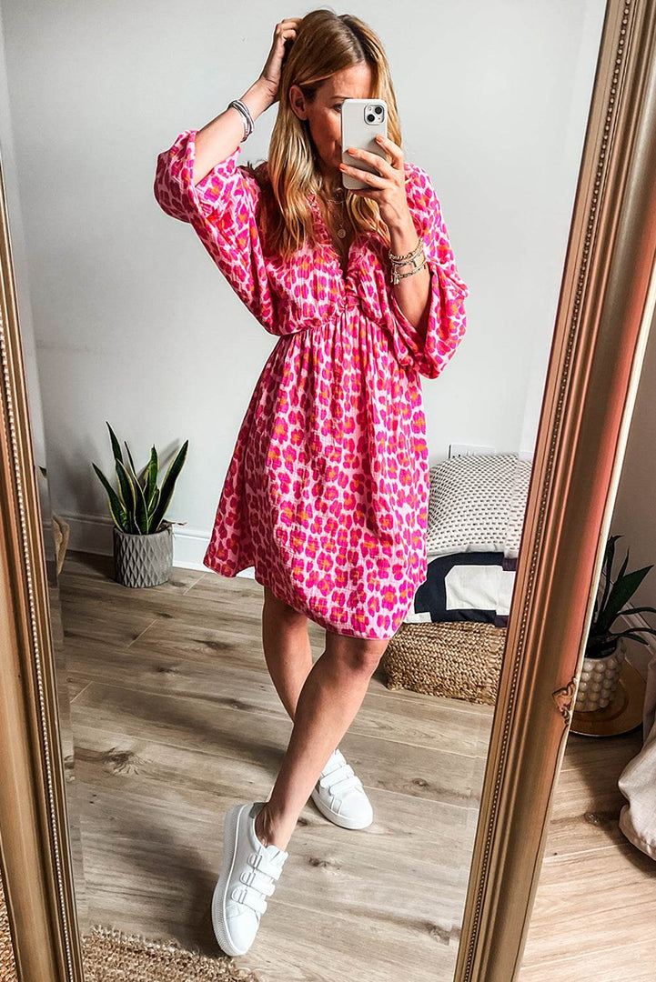 Pink Leopard Print Elasticated V Neck 3/4 Puff Sleeve Dress - Fashion Queen -  15