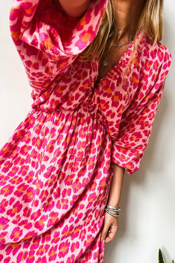Pink Leopard Print Elasticated V Neck 3/4 Puff Sleeve Dress - Fashion Queen -  16