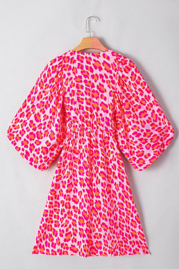 Pink Leopard Print Elasticated V Neck 3/4 Puff Sleeve Dress - Fashion Queen -  18