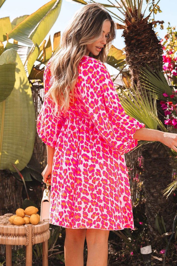 Pink Leopard Print Elasticated V Neck 3/4 Puff Sleeve Dress - Fashion Queen -  2