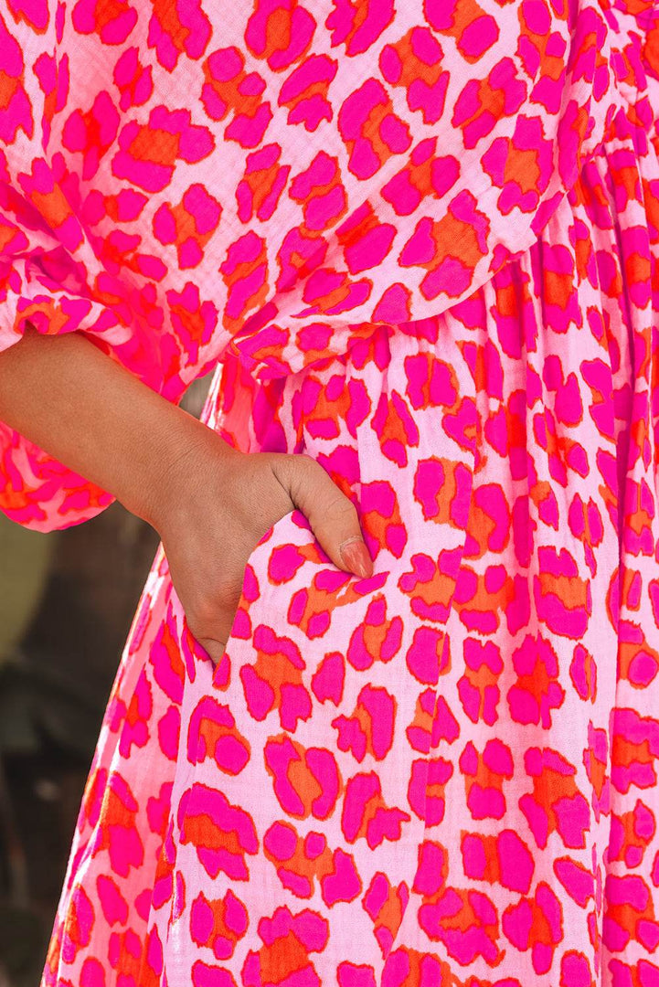 Pink Leopard Print Elasticated V Neck 3/4 Puff Sleeve Dress - Fashion Queen -  25