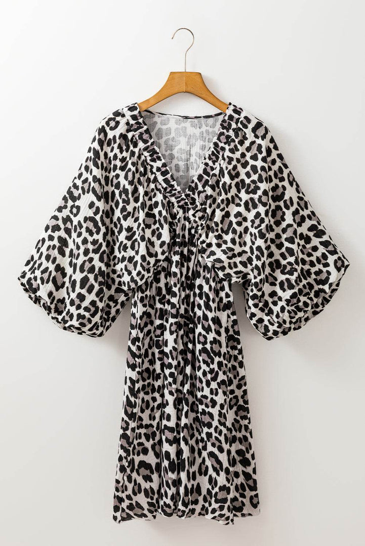 Pink Leopard Print Elasticated V Neck 3/4 Puff Sleeve Dress - Fashion Queen -  27