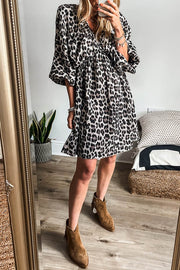 Pink Leopard Print Elasticated V Neck 3/4 Puff Sleeve Dress - Fashion Queen -  4