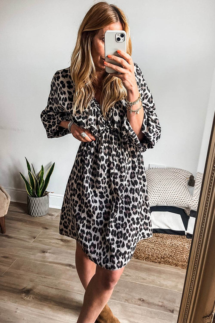 Pink Leopard Print Elasticated V Neck 3/4 Puff Sleeve Dress - Fashion Queen -  5