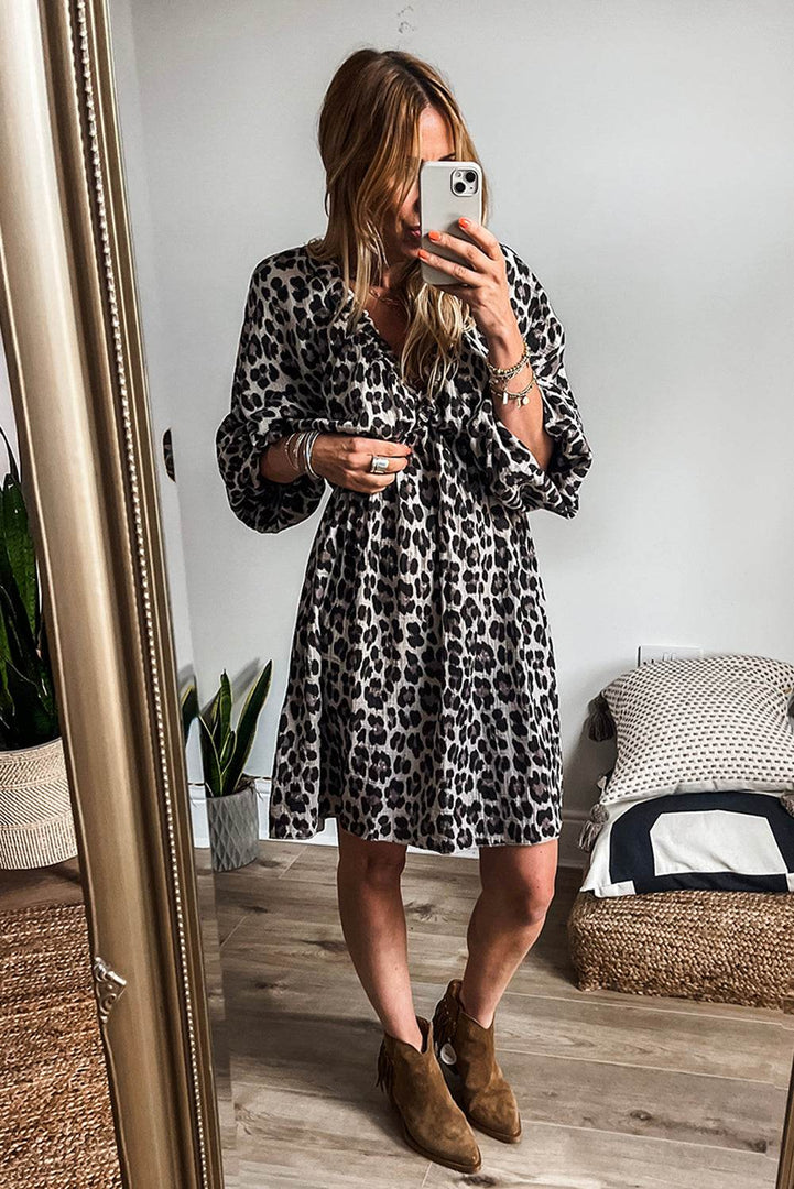 Pink Leopard Print Elasticated V Neck 3/4 Puff Sleeve Dress - Fashion Queen -  6