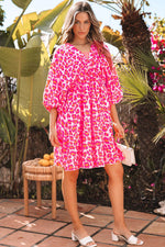 Load image into Gallery viewer, Pink Leopard Print Elasticated V Neck 3/4 Puff Sleeve Dress - Fashion Queen -  8
