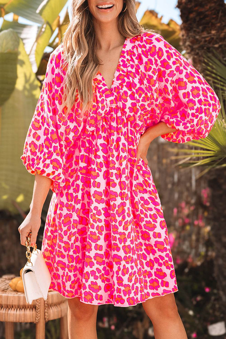 Pink Leopard Print Elasticated V Neck 3/4 Puff Sleeve Dress - Fashion Queen -  9