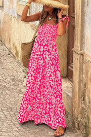 Pink Leopard Ruffle Straps Smocked High Waist Long Dress - Fashion Queen -  1