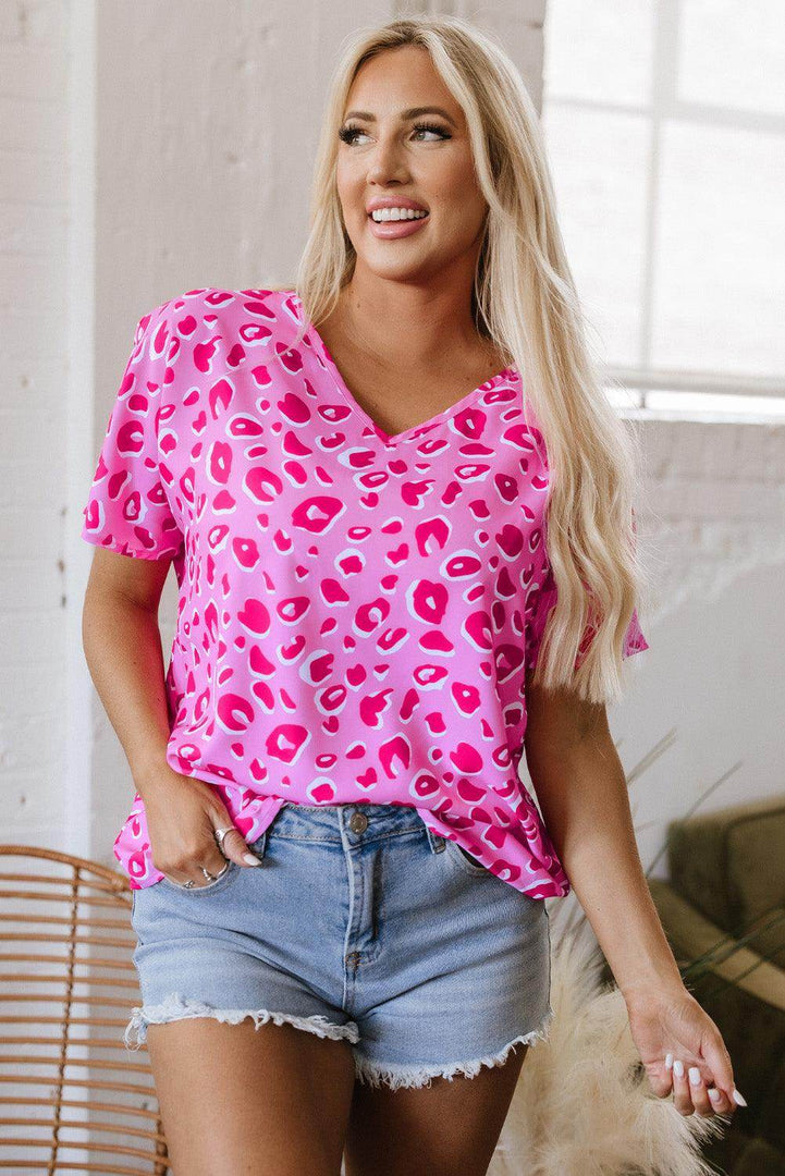 Pink Leopard V Neck Loose Short Sleeve Top - Fashion Queen -  11