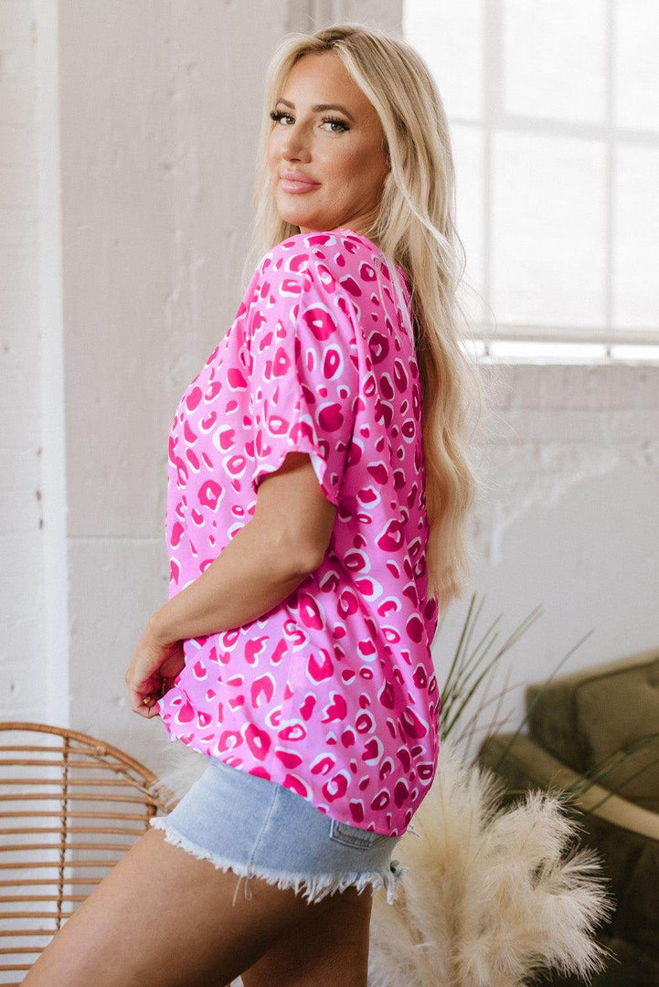 Pink Leopard V Neck Loose Short Sleeve Top - Fashion Queen -  12