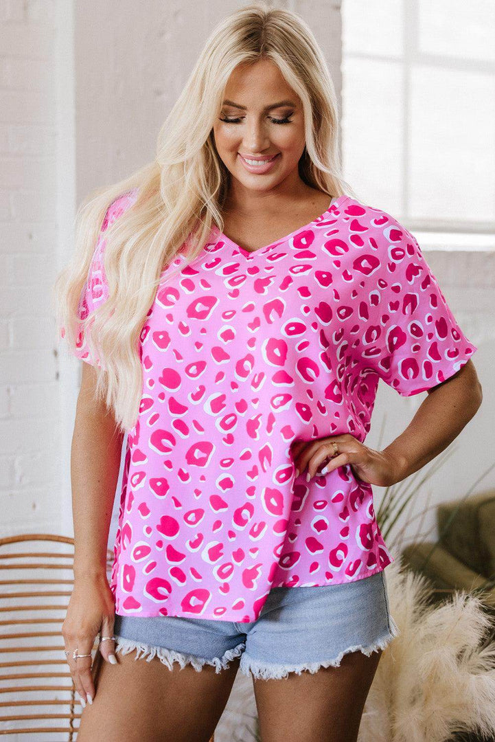 Pink Leopard V Neck Loose Short Sleeve Top - Fashion Queen -  14