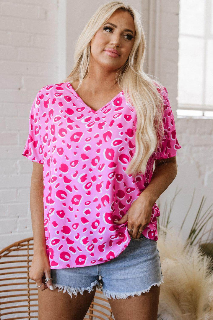Pink Leopard V Neck Loose Short Sleeve Top - Fashion Queen -  15