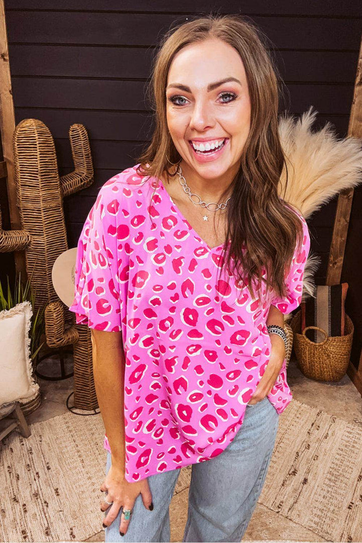 Pink Leopard V Neck Loose Short Sleeve Top - Fashion Queen -  18