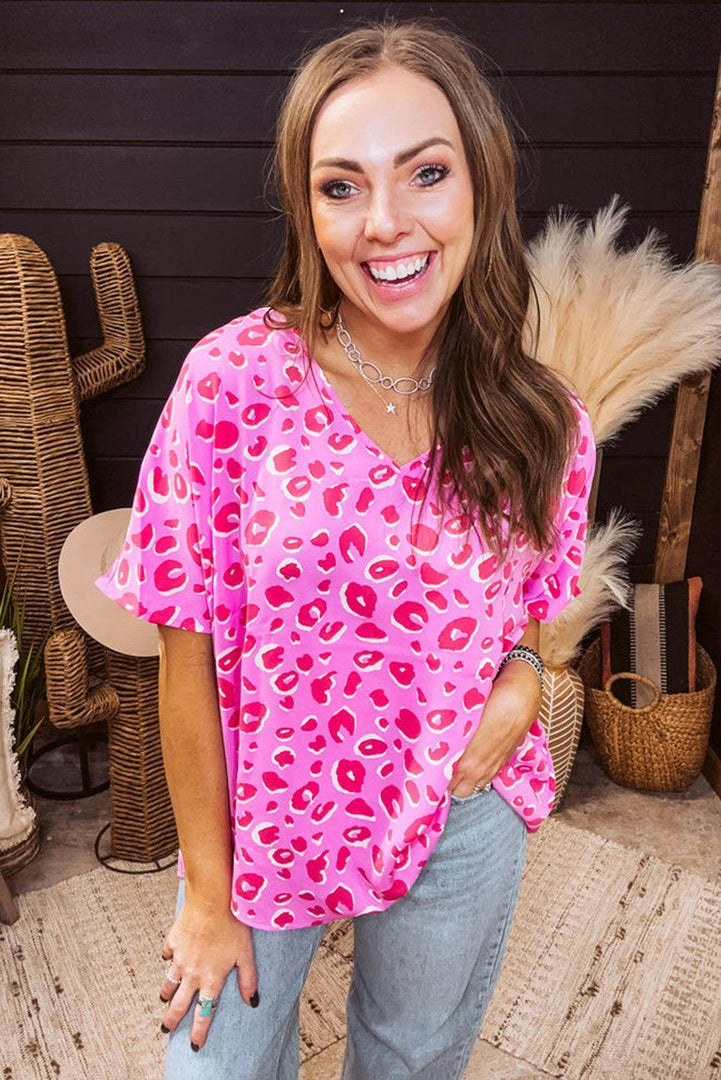 Pink Leopard V Neck Loose Short Sleeve Top - Fashion Queen -  3