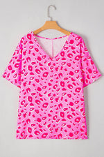 Load image into Gallery viewer, Pink Leopard V Neck Loose Short Sleeve Top - Fashion Queen -  4
