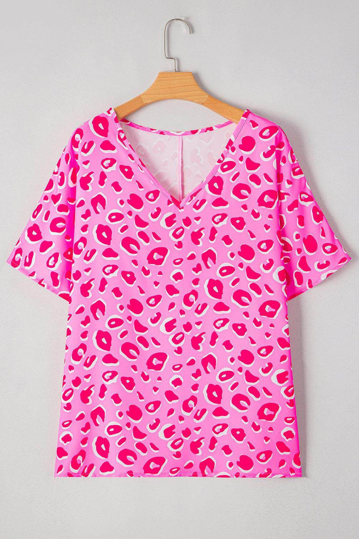 Pink Leopard V Neck Loose Short Sleeve Top - Fashion Queen -  4