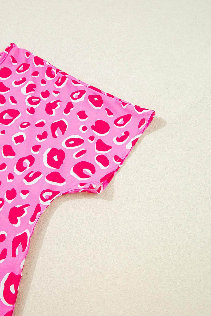 Pink Leopard V Neck Loose Short Sleeve Top - Fashion Queen -  8