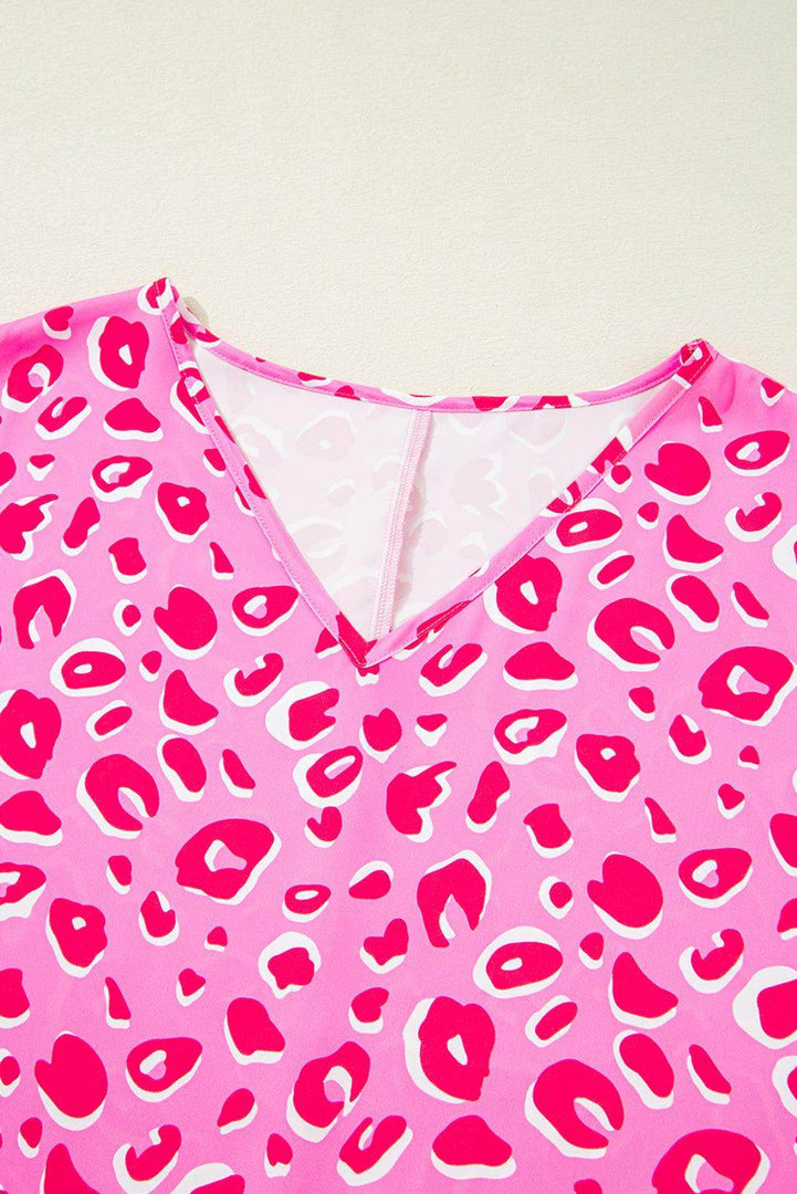 Pink Leopard V Neck Loose Short Sleeve Top - Fashion Queen -  9