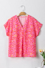 Load image into Gallery viewer, Pink Leopard V Neck Short Sleeve Blouse - Fashion Queen -  10
