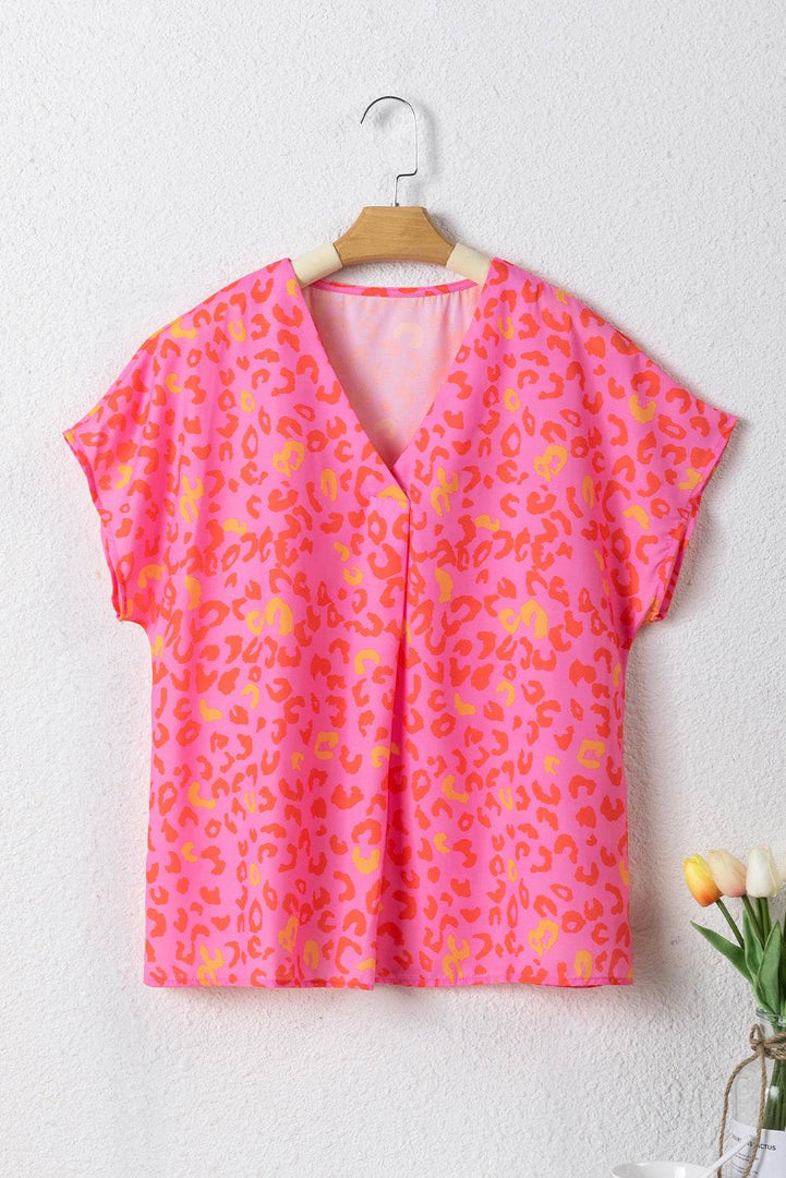 Pink Leopard V Neck Short Sleeve Blouse - Fashion Queen -  10
