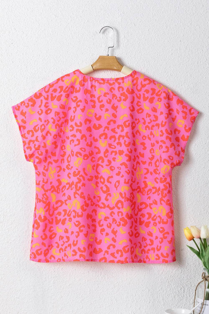 Pink Leopard V Neck Short Sleeve Blouse - Fashion Queen -  11