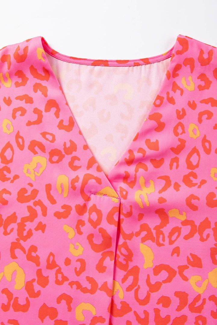 Pink Leopard V Neck Short Sleeve Blouse - Fashion Queen -  12