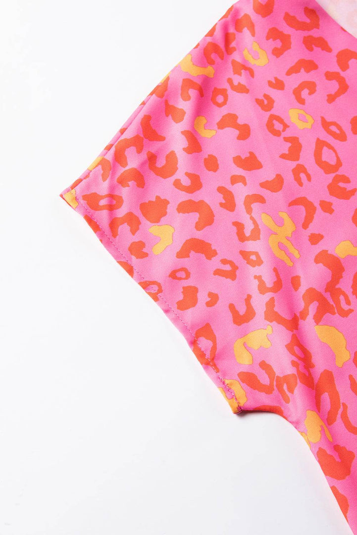 Pink Leopard V Neck Short Sleeve Blouse - Fashion Queen -  17