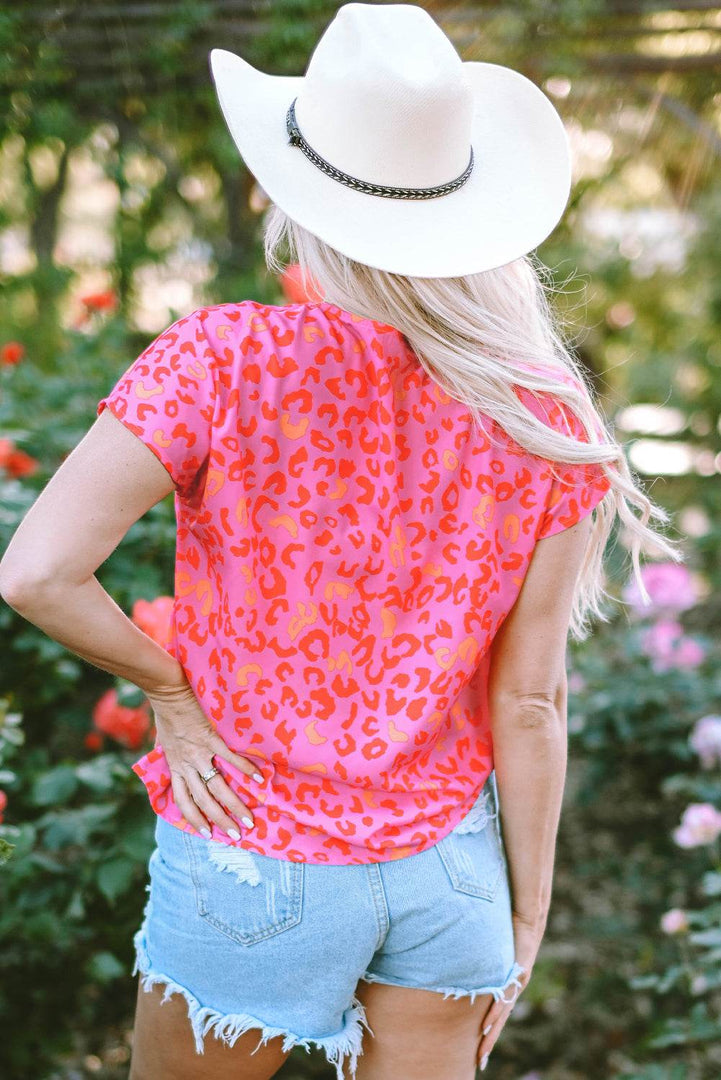 Pink Leopard V Neck Short Sleeve Blouse - Fashion Queen -  2