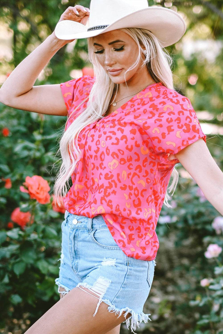 Pink Leopard V Neck Short Sleeve Blouse - Fashion Queen -  3