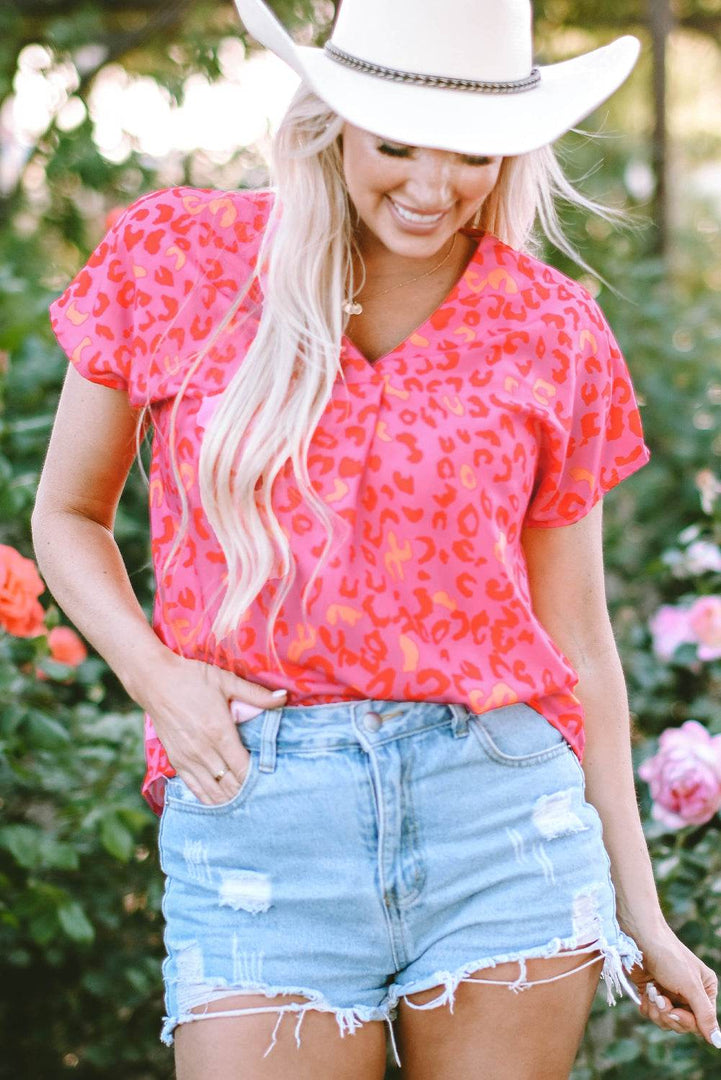 Pink Leopard V Neck Short Sleeve Blouse - Fashion Queen -  4