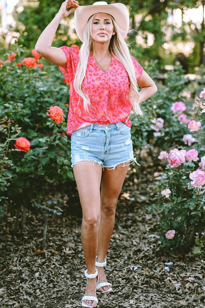 Pink Leopard V Neck Short Sleeve Blouse - Fashion Queen -  5