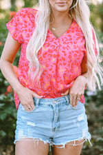 Load image into Gallery viewer, Pink Leopard V Neck Short Sleeve Blouse - Fashion Queen -  6
