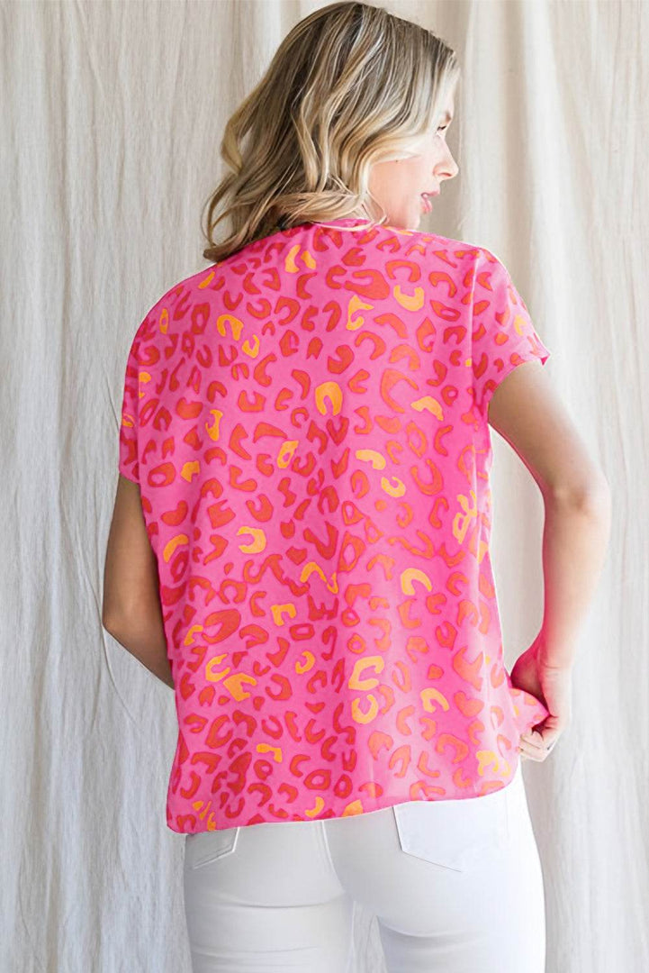 Pink Leopard V Neck Short Sleeve Blouse - Fashion Queen -  7