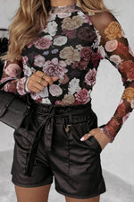 Load image into Gallery viewer, Pink Mesh Floral Print Mock Neck Long Sleeve Slim Top - Fashion Queen -  1
