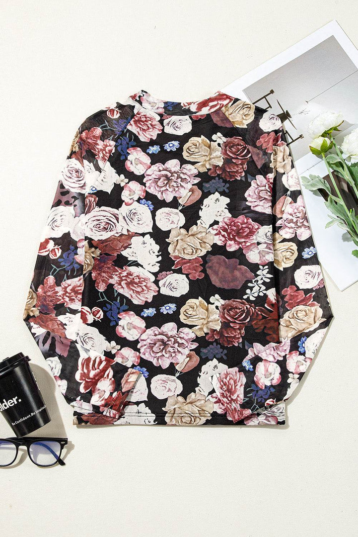 Pink Mesh Floral Print Mock Neck Long Sleeve Slim Top - Fashion Queen -  10