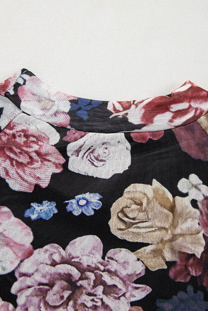 Pink Mesh Floral Print Mock Neck Long Sleeve Slim Top - Fashion Queen -  11