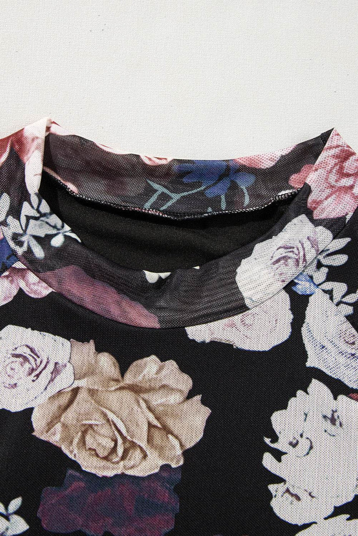 Pink Mesh Floral Print Mock Neck Long Sleeve Slim Top - Fashion Queen -  12