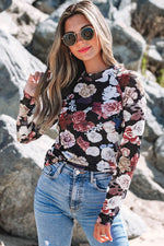 Load image into Gallery viewer, Pink Mesh Floral Print Mock Neck Long Sleeve Slim Top - Fashion Queen -  18
