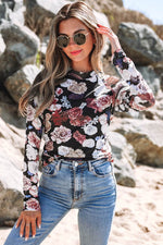 Load image into Gallery viewer, Pink Mesh Floral Print Mock Neck Long Sleeve Slim Top - Fashion Queen -  19

