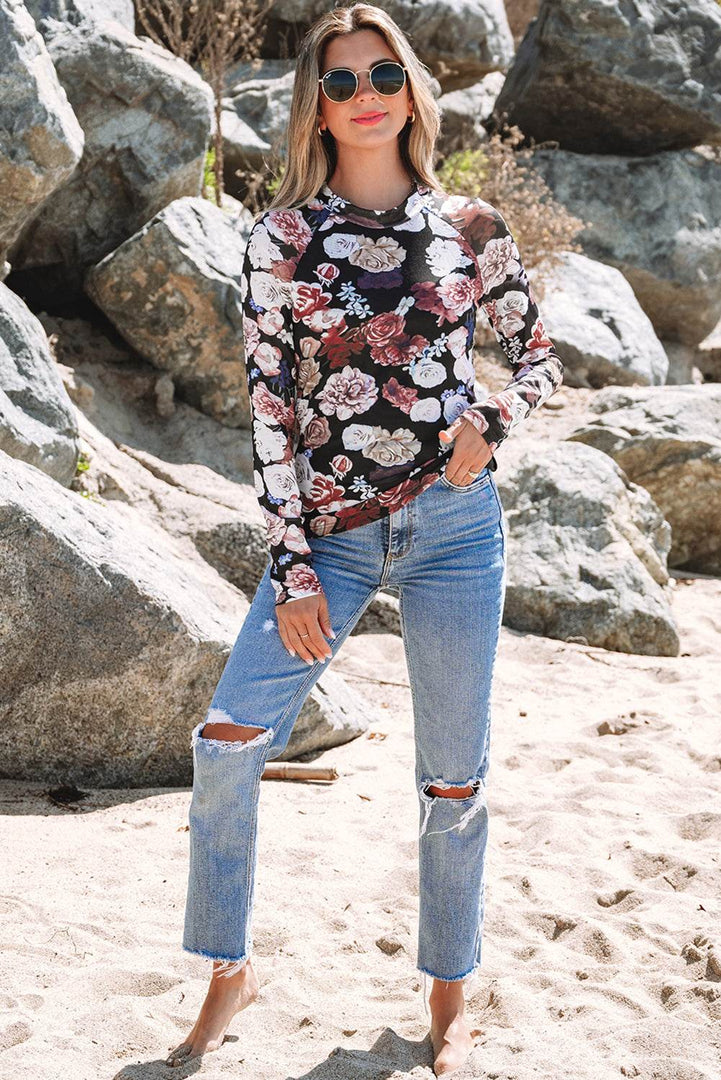 Pink Mesh Floral Print Mock Neck Long Sleeve Slim Top - Fashion Queen -  20