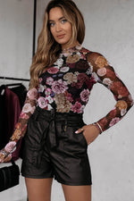 Load image into Gallery viewer, Pink Mesh Floral Print Mock Neck Long Sleeve Slim Top - Fashion Queen -  6
