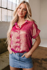 Load image into Gallery viewer, Pink Metallic Sheen Short Sleeve Buttoned Front Casual Shirt - Fashion Queen -  10
