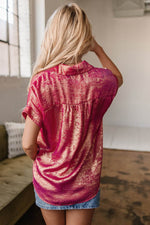 Load image into Gallery viewer, Pink Metallic Sheen Short Sleeve Buttoned Front Casual Shirt - Fashion Queen -  11
