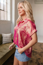 Load image into Gallery viewer, Pink Metallic Sheen Short Sleeve Buttoned Front Casual Shirt - Fashion Queen -  13
