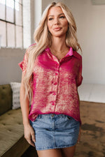 Load image into Gallery viewer, Pink Metallic Sheen Short Sleeve Buttoned Front Casual Shirt - Fashion Queen -  14
