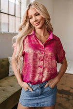 Load image into Gallery viewer, Pink Metallic Sheen Short Sleeve Buttoned Front Casual Shirt - Fashion Queen -  15
