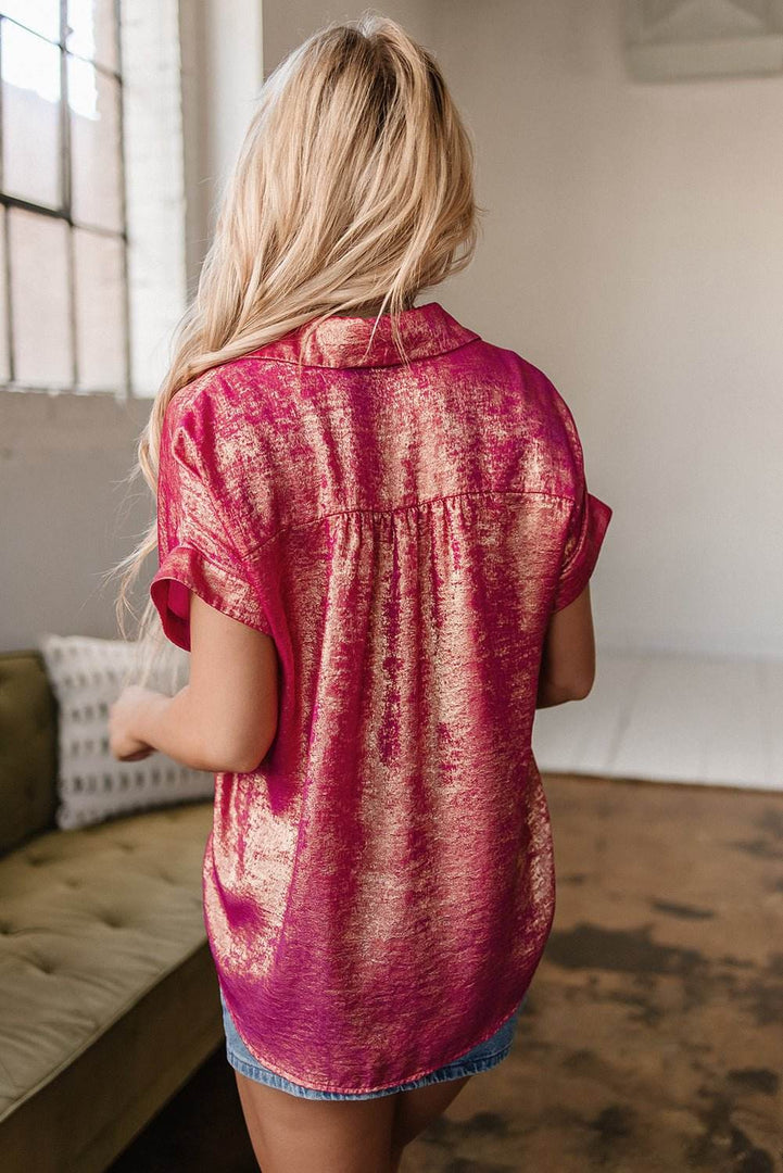 Pink Metallic Sheen Short Sleeve Buttoned Front Casual Shirt - Fashion Queen -  16