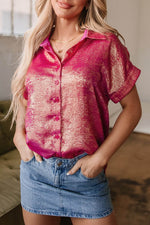 Load image into Gallery viewer, Pink Metallic Sheen Short Sleeve Buttoned Front Casual Shirt - Fashion Queen -  17
